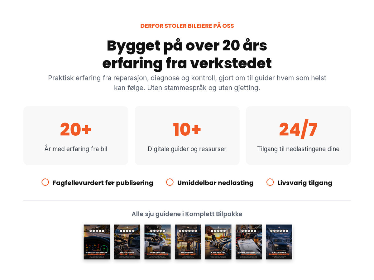 Bygget på over 20 års erfaring fra verkstedet, med omslagene til alle sju guidene i Komplett Bilpakke.