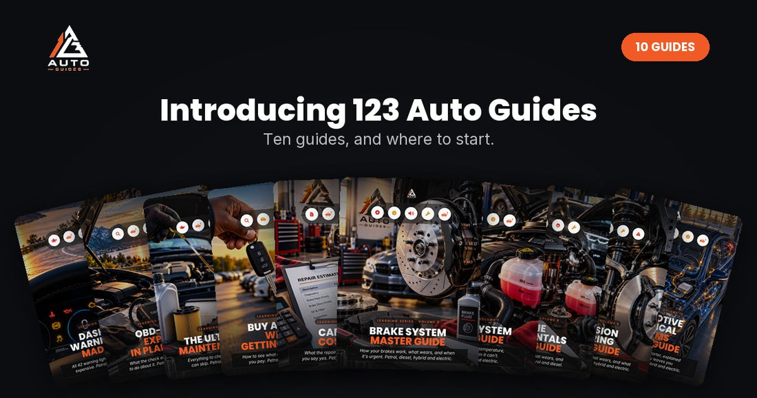 The ten covers in the 123 Auto Guides Learning Series, from Dashboard Warning Lights to Automotive Electrical Systems.