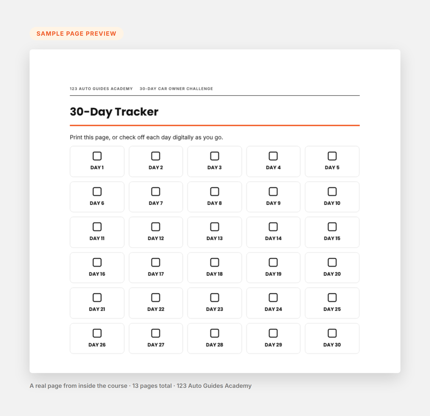 Sample page preview from the 30-Day Car Owner Challenge