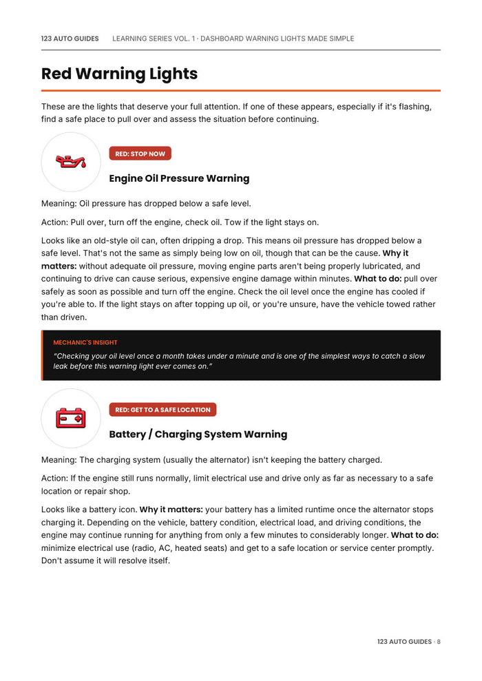 Vol. 1, Dashboard Warning Lights, page 9