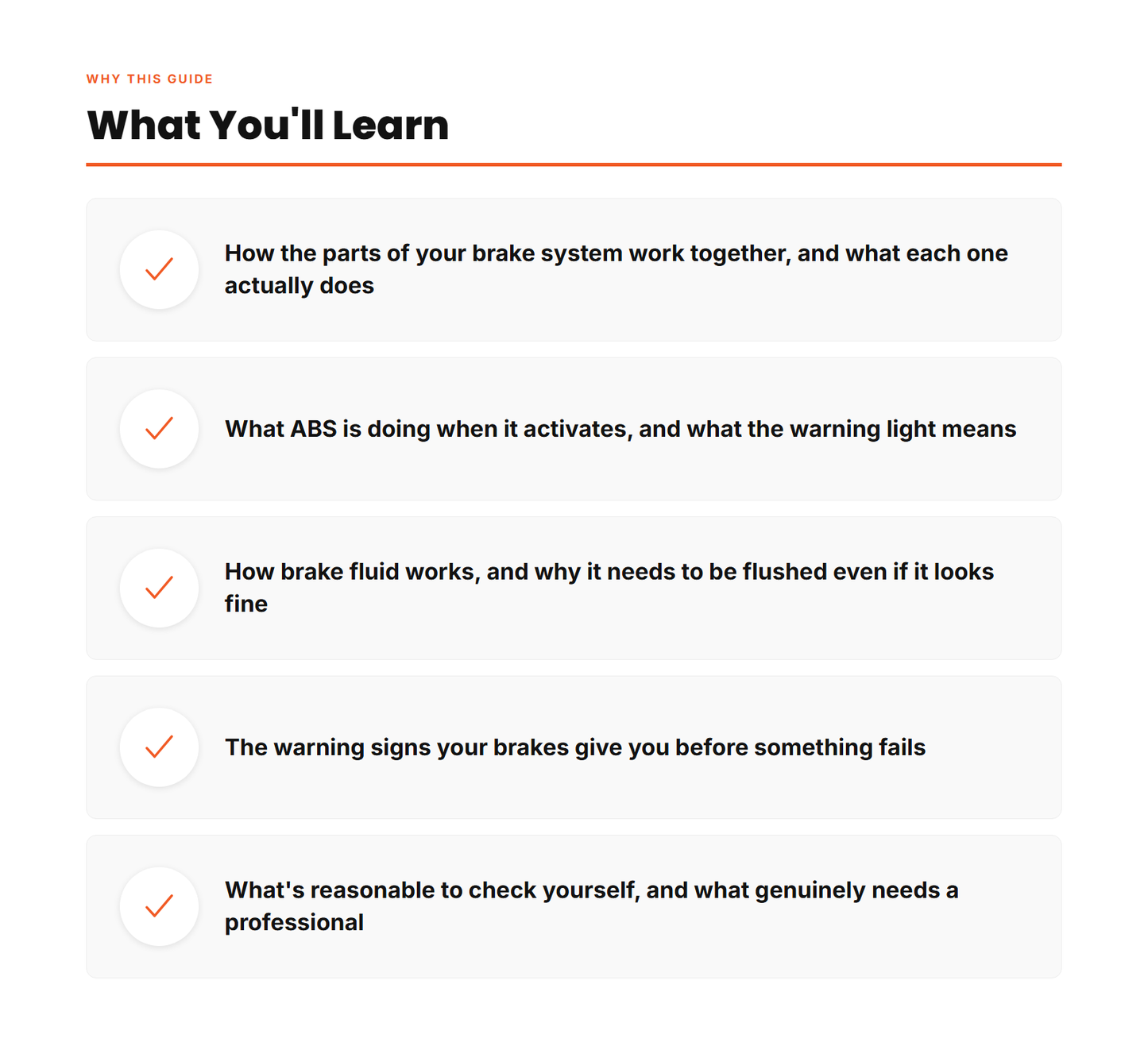 Guide features - how brakes work, plain English, 17-page PDF, DIY vs professional