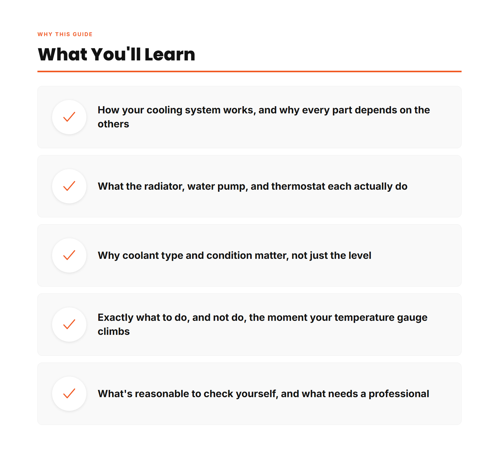 Guide features - how the cooling system works, plain English, 17-page PDF, overheating steps