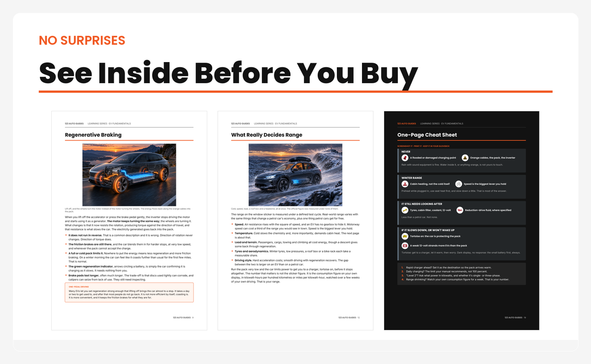 Look inside – Regenerative Braking, What Really Decides Range, One-Page Cheat Sheet