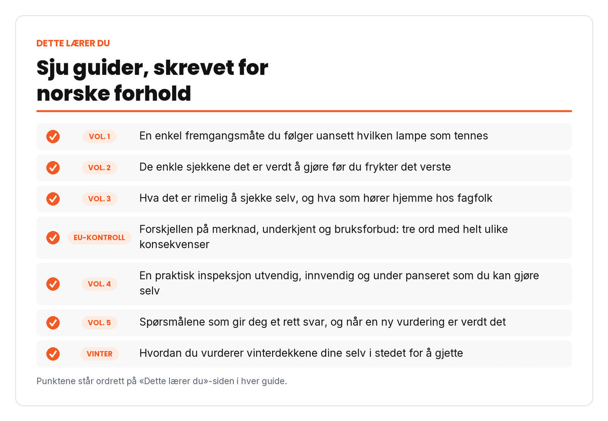 Dette lærer du i Komplett Bilpakke: læringspunkter hentet ordrett fra guidene, merket med hvilken guide de kommer fra.