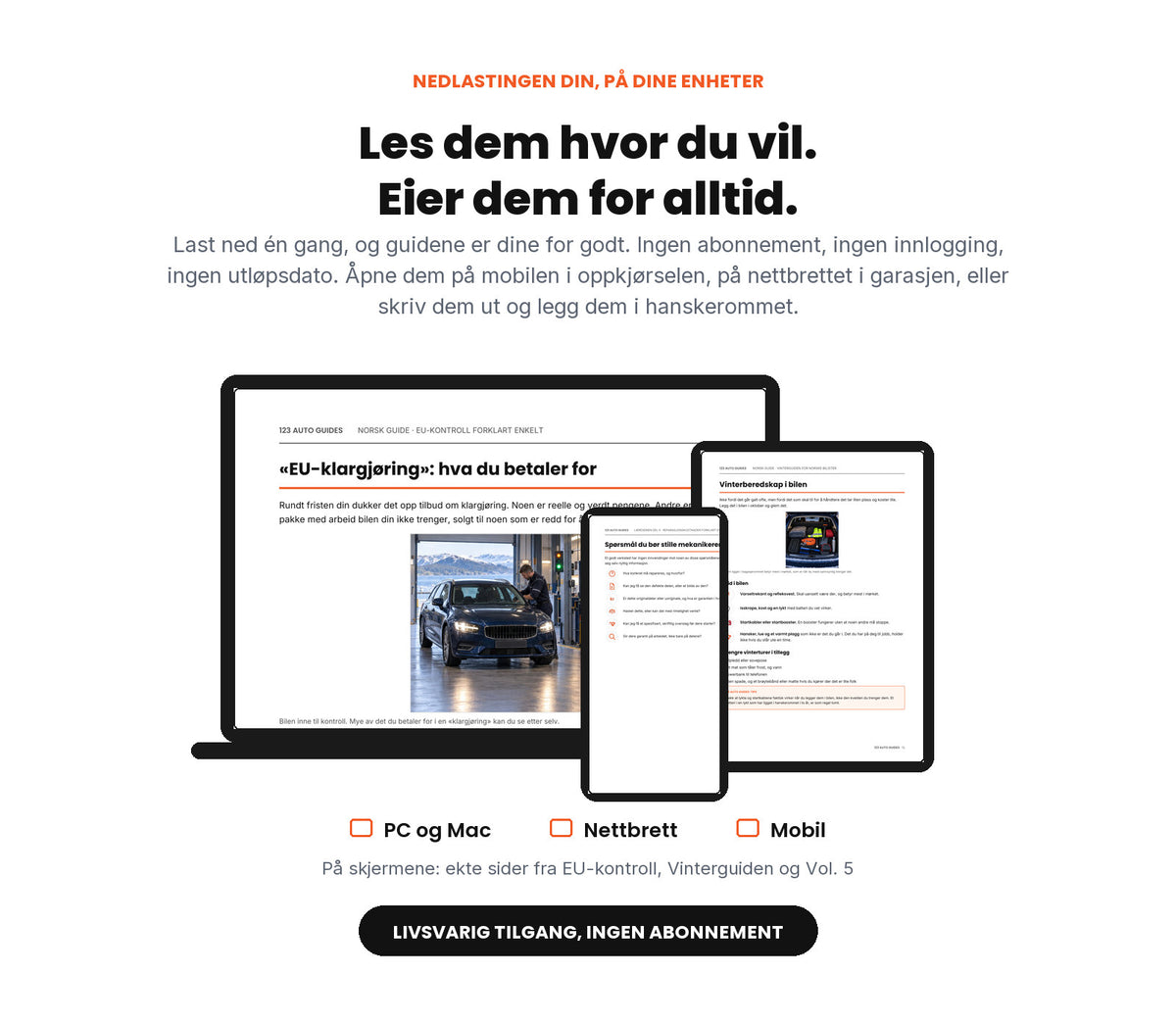 Guidene i Komplett Bilpakke på PC, nettbrett og mobil, med ekte sider fra EU-kontroll, Vinterguiden og Vol. 5. Livsvarig tilgang, ingen abonnement.
