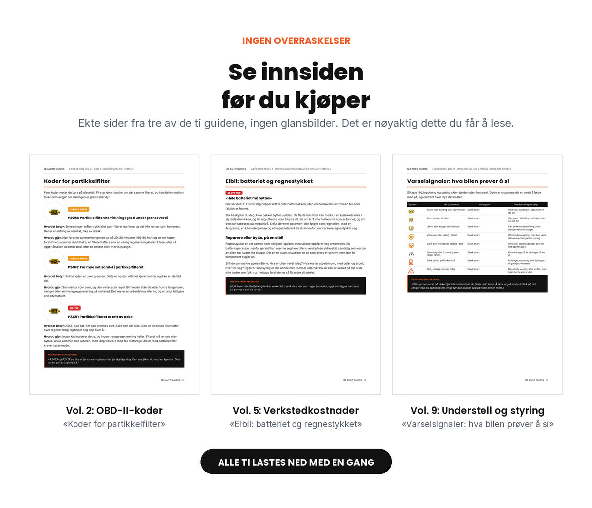 Se innsiden før du kjøper: tre ekte sider fra Vol. 2 (OBD-II-koder), Vol. 5 (Verkstedkostnader) og Vol. 9 (Understell og styring).