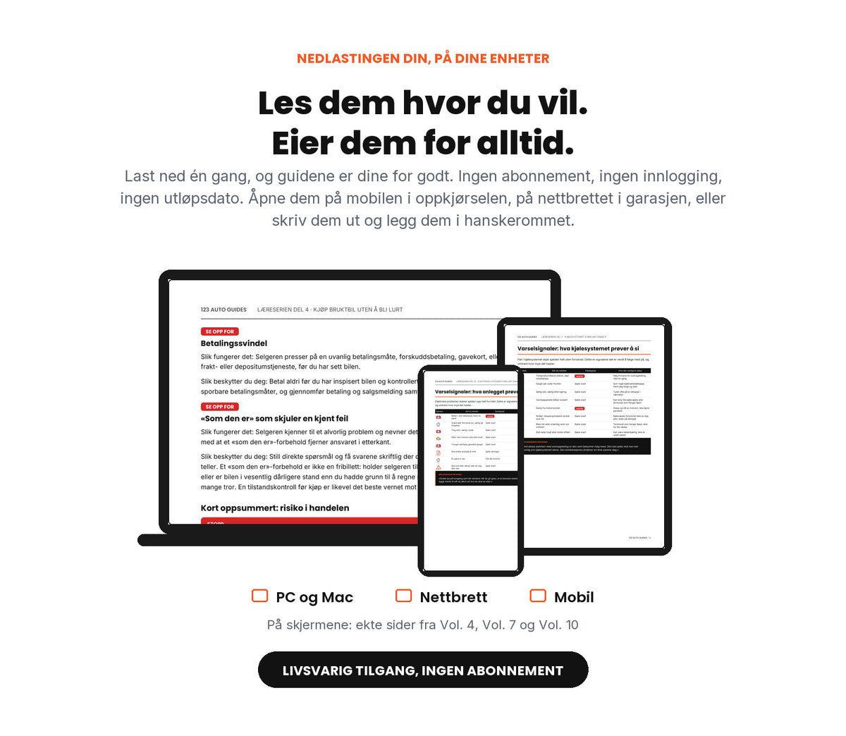 Guidene i Komplett pakke på PC, nettbrett og mobil, med ekte sider fra Vol. 4, Vol. 7 og Vol. 10. Livsvarig tilgang, ingen abonnement.