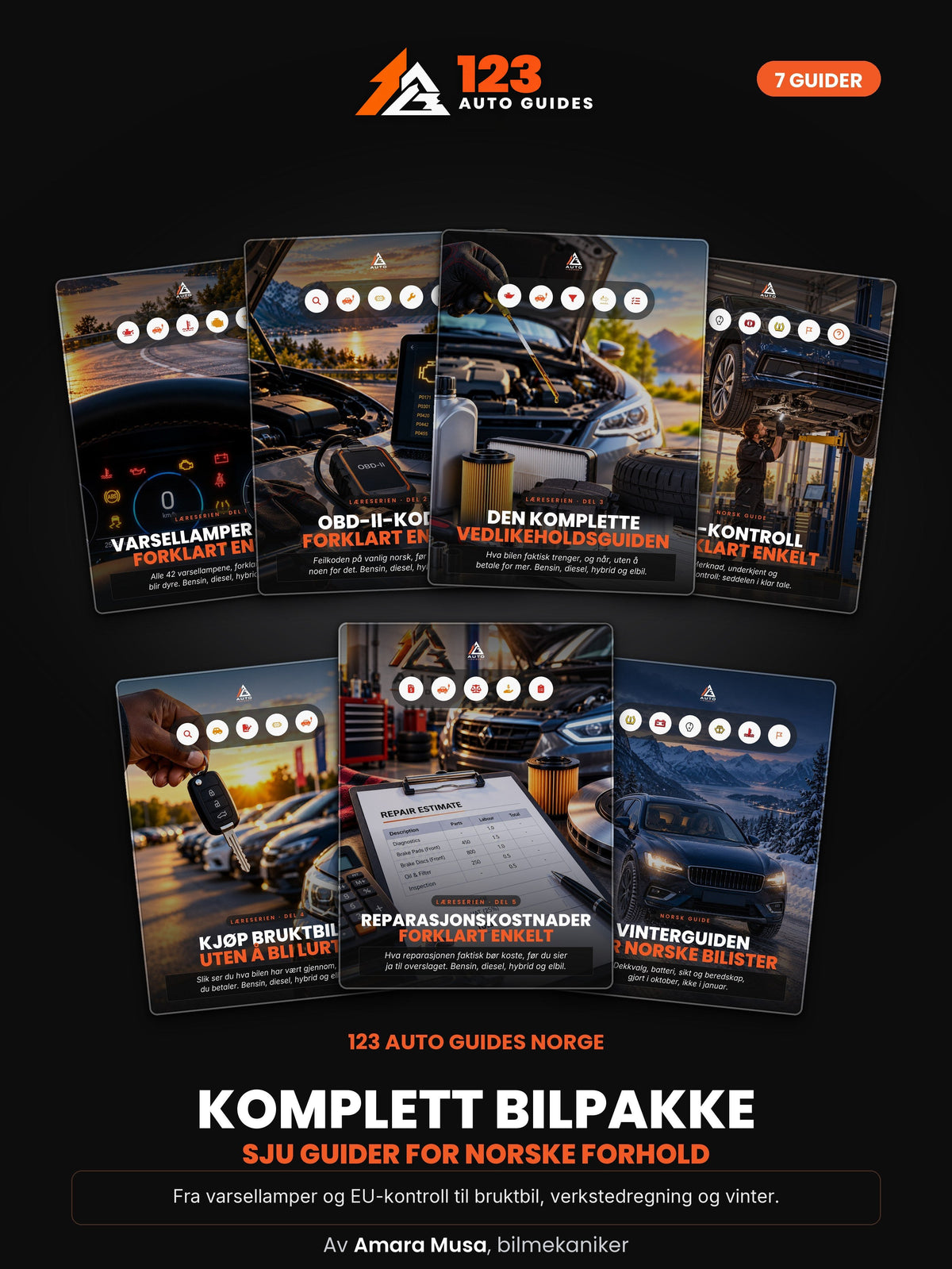Komplett Bilpakke, sju norske guider, omslag