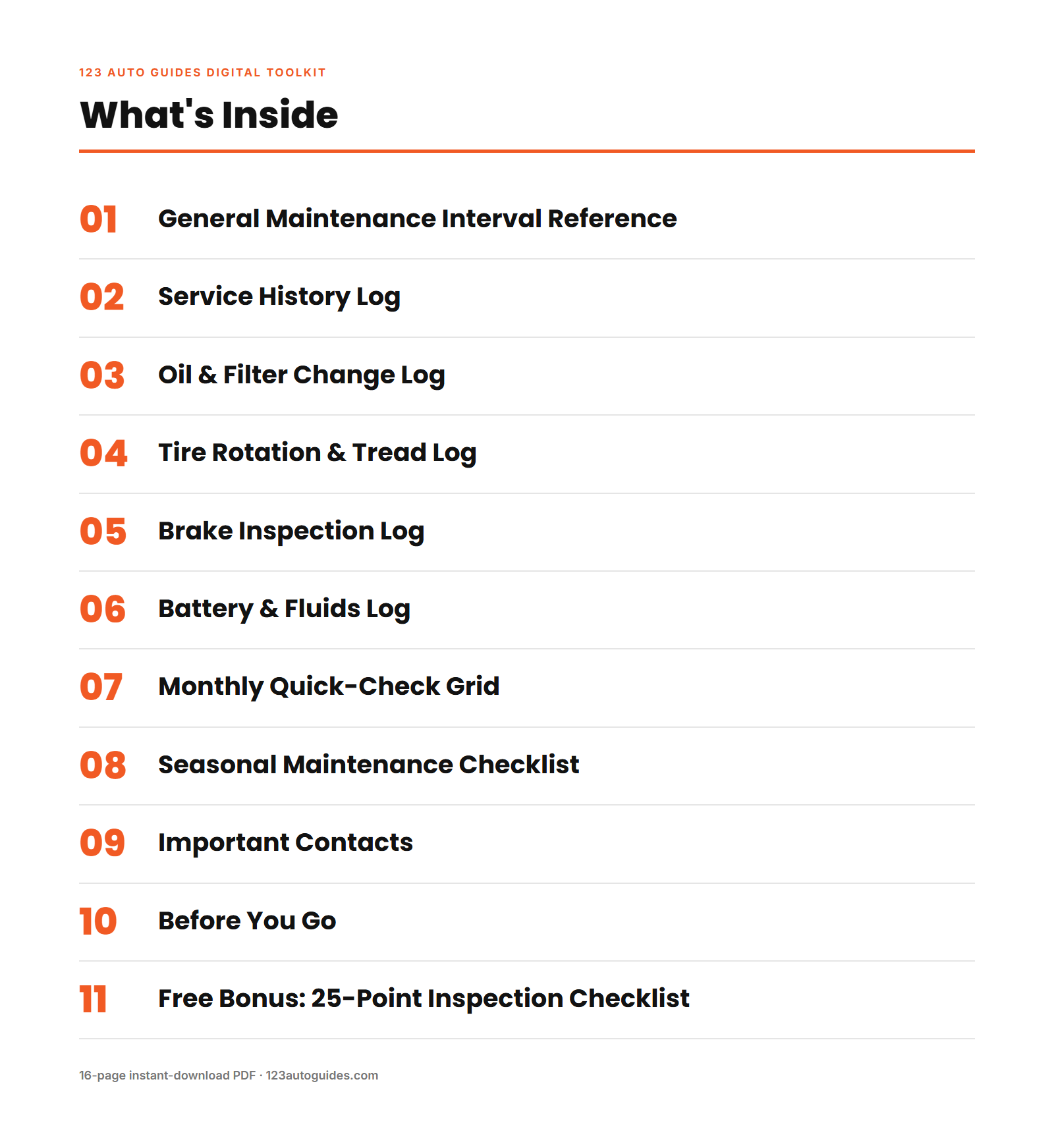 What's inside the Annual Car Maintenance Planner