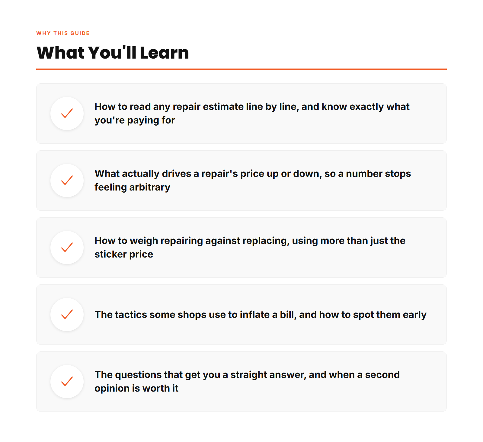 Guide features - no fabricated price lists, plain English, 22-page PDF, 5 overcharging tactics explained