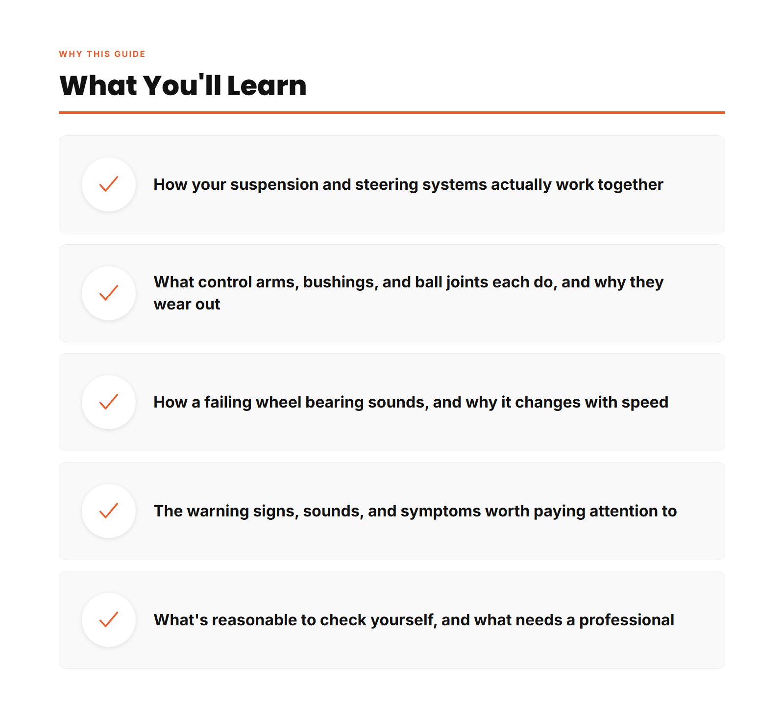 Guide features - how steering works, plain English, 16-page PDF, warning signs decoded