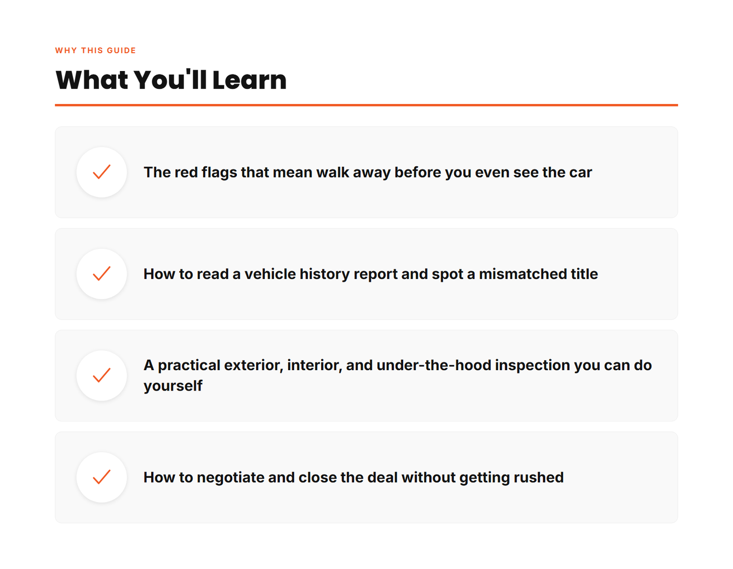 Guide features - full inspection checklist, plain English, 19-page PDF, 5 common scams explained