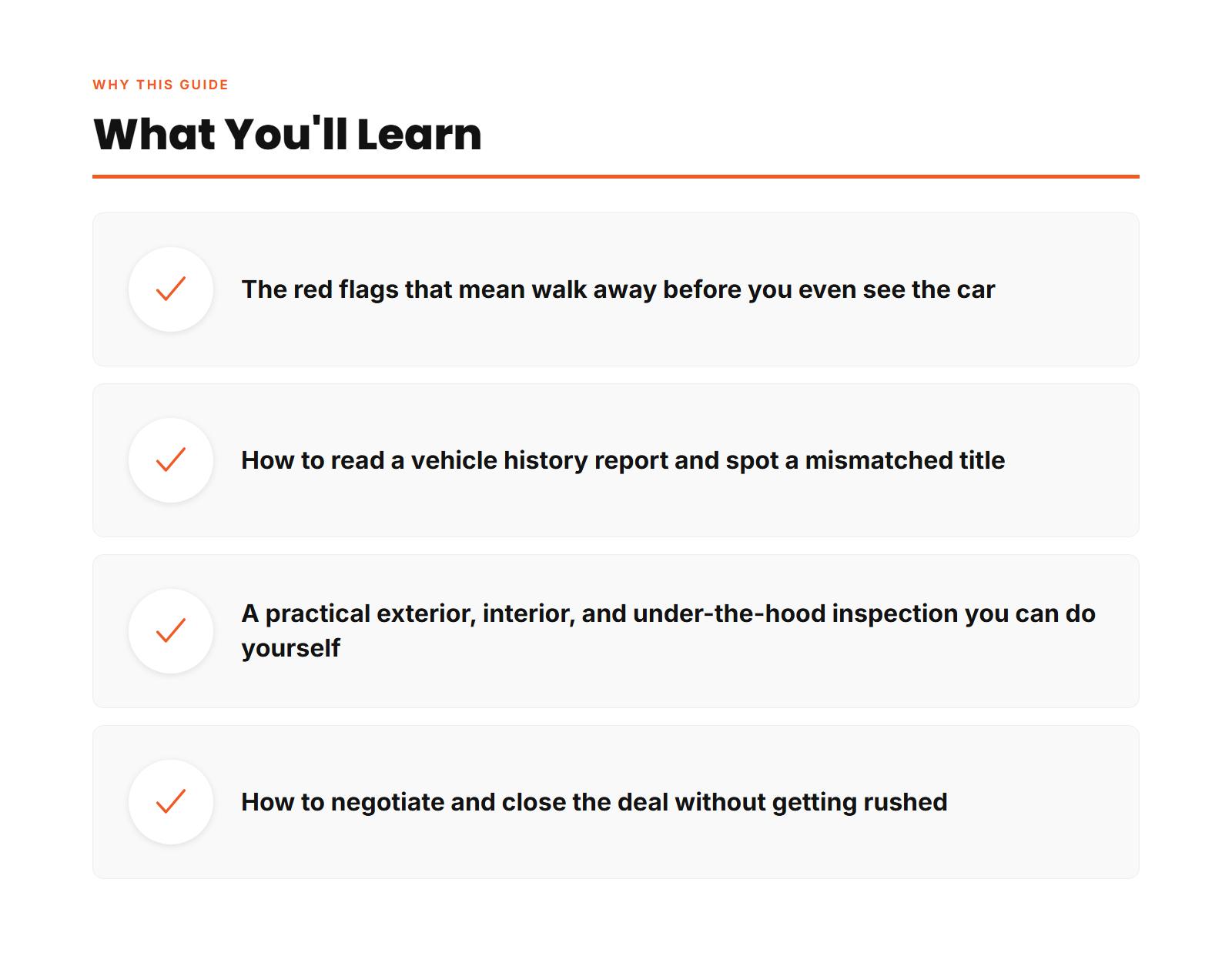 Guide features - full inspection checklist, plain English, 19-page PDF, 5 common scams explained